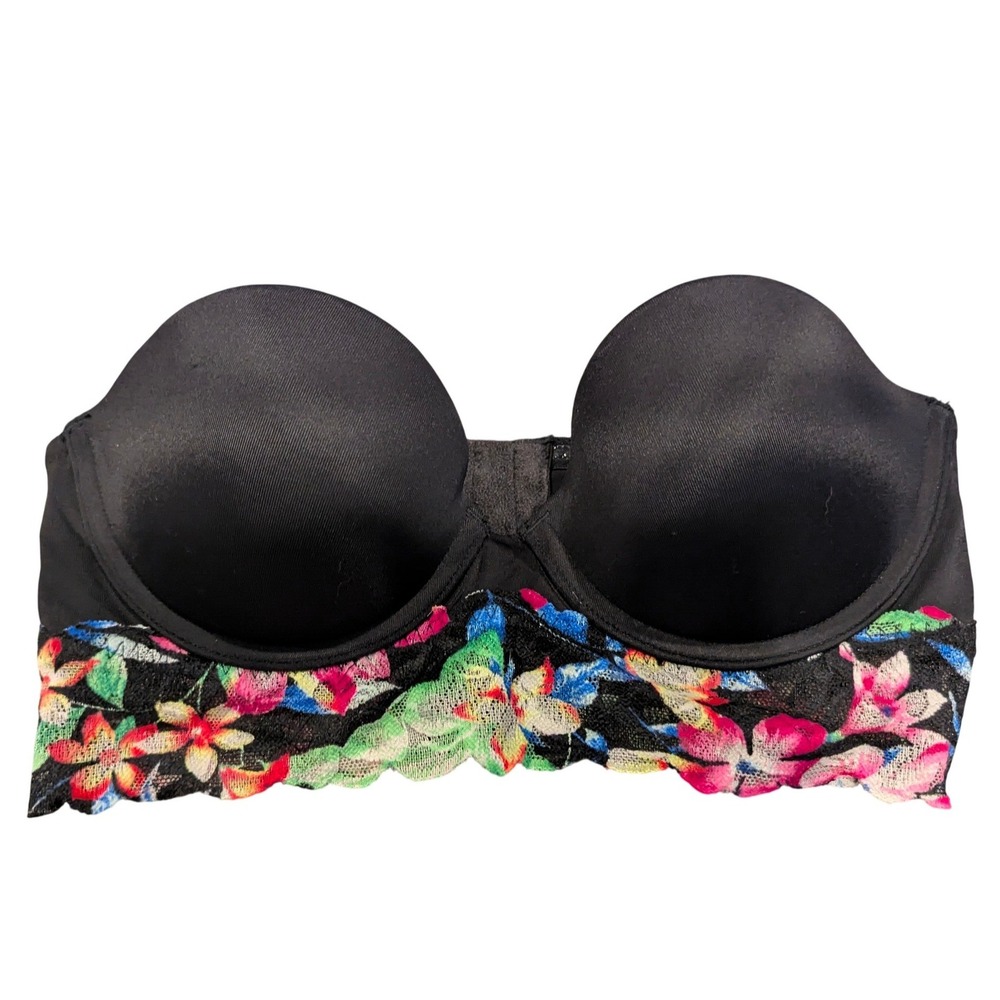 PINK Victoria's Secret Strapless Bra 34B Black Floral Lace Longline Tropical Y2K